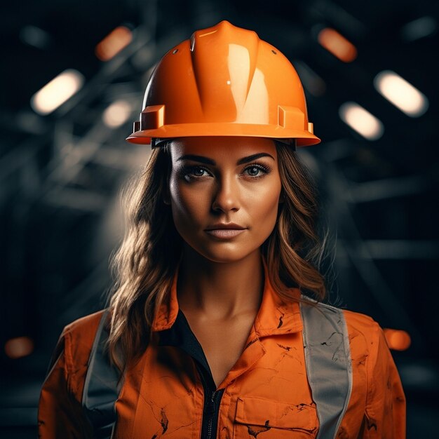 Ношение защитного снаряжения, включая оранжевый шлем Работа в промышленности, генерируемая ИИ