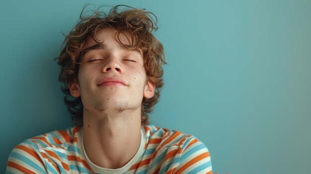 Wearing striped shirt casual clothes waiting for special moment keeping fingers crossed making a wish eyes closed isolated on pastel light blue cyan background Lifestyle concept