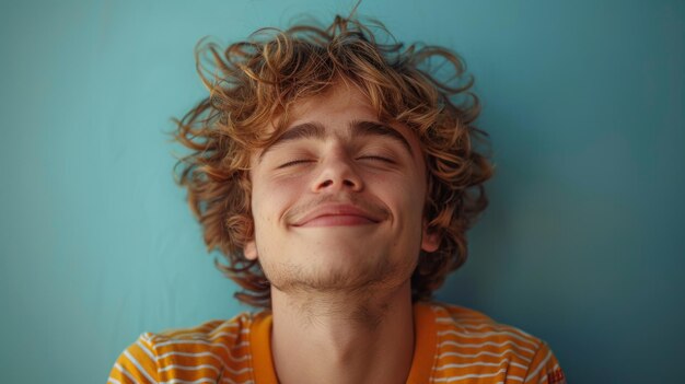 Photo wearing striped shirt casual outfit waiting for special moment fingers crossed making wish eyes closed on a light blue cyan pastel background lifestyle concept