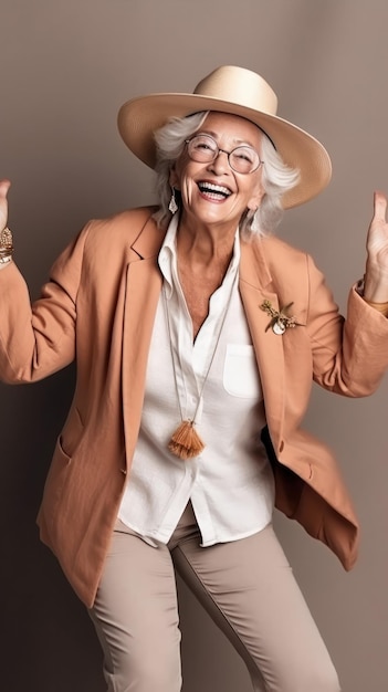 Wearing trendy accessories a delighted senior lady wearing hat radiating happiness laughing