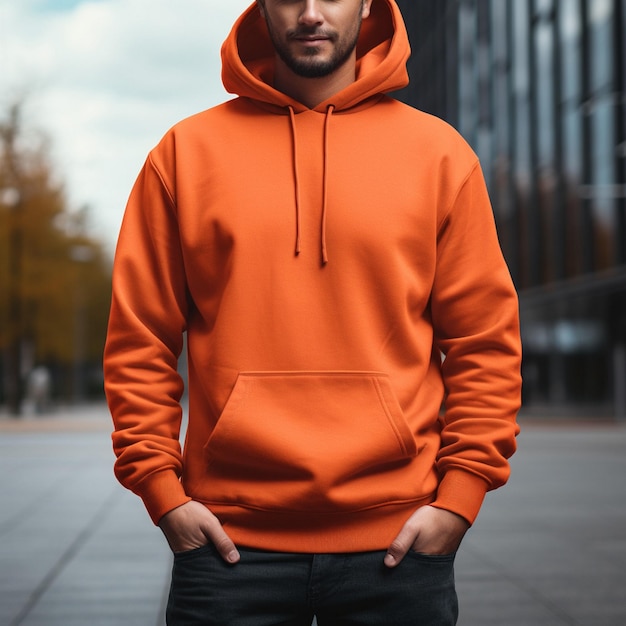 wearing a vibrant orange hoodie mockup AI generated