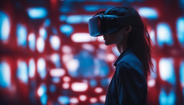 wearing a virtual reality headset is looking at a screen with a large blue light in the background