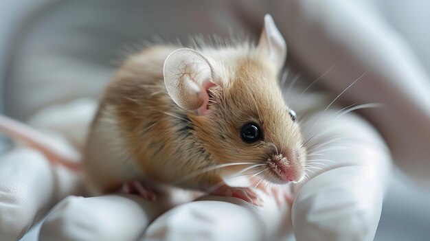 Wearing white gloves a lab researcher embraces a tiny experimental mouse gingerly in her palm and space Generative AI