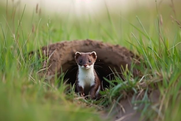 Foto weasel die een hol in een weide verlaat