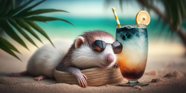 Weasel is op zomervakantie in een badplaats en ontspant op het zomerstrand