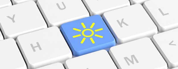 Photo weather forecast blue key button with sun icon on a computer keyboard banner 3d illustration