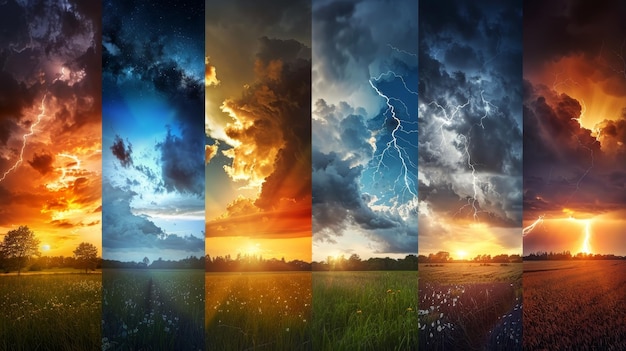 Weather forecast collage concept background Variety weather conditions and seasons bright sun and bl