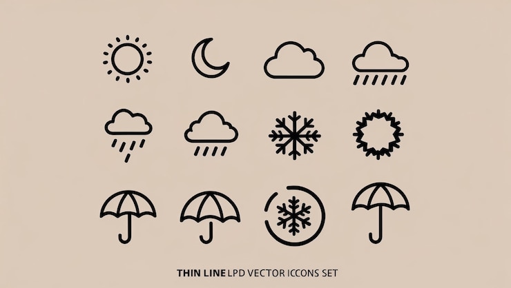 Photo weather icons depicting various climatic conditions and elements