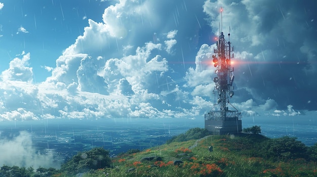 Photo weather radar station with antennas scanning background