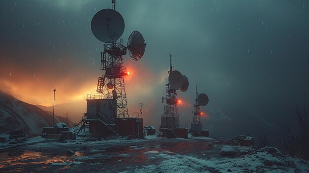 Photo weather radar station with antennas scanning background