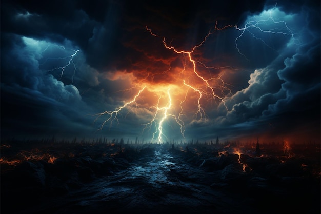 Weather's fury in the night thunderstorm's lightning dances cataclysmic display