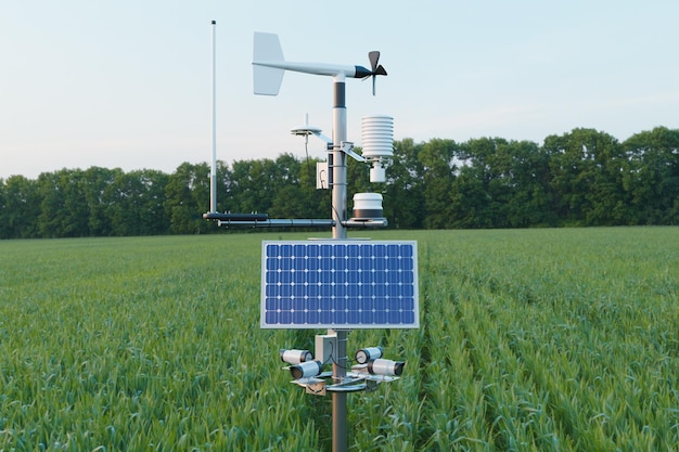 Weather station in grass field 5G technology with smart farming concept