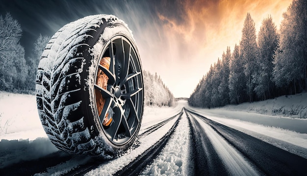 Weather tire running in the snow Road safety in winter Generative AI