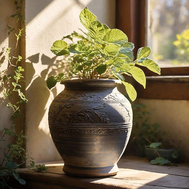 小さなポットプラントが付いた風化した古代陶器の花瓶 Ai Generated