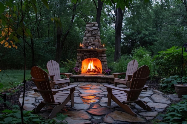 Weathered Backyard fireplace wood chairs Generate Ai