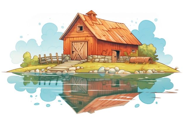 Weathered barn beside a serene pond