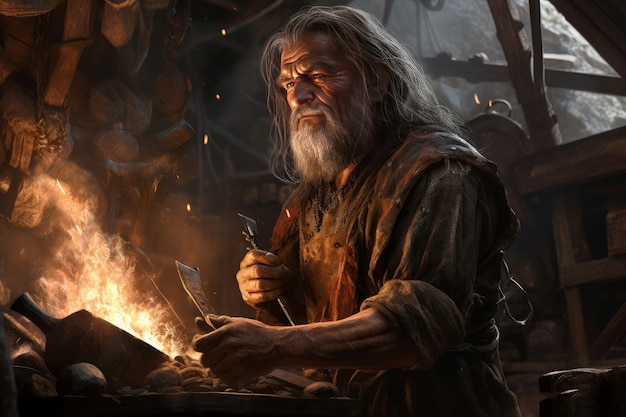 Weathered blacksmith old man work forge worker flame generate ai