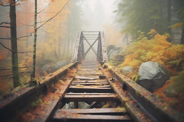 Photo weathered bridge in a dense misty forest