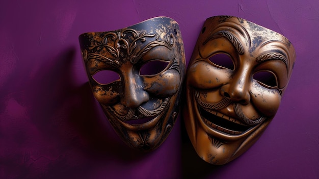 Foto maschere di commedia e tragedia su uno sfondo scuro