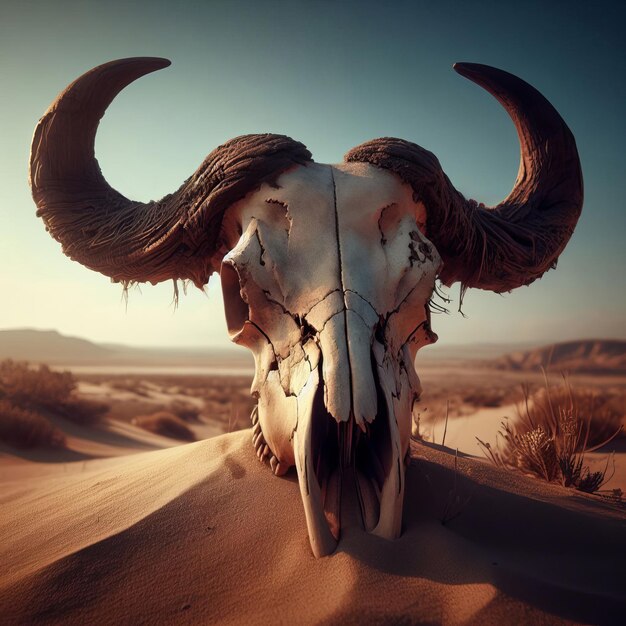 Foto un cranio di mucca invecchiato con corna curve scure in un paesaggio desertico con montagne lontane