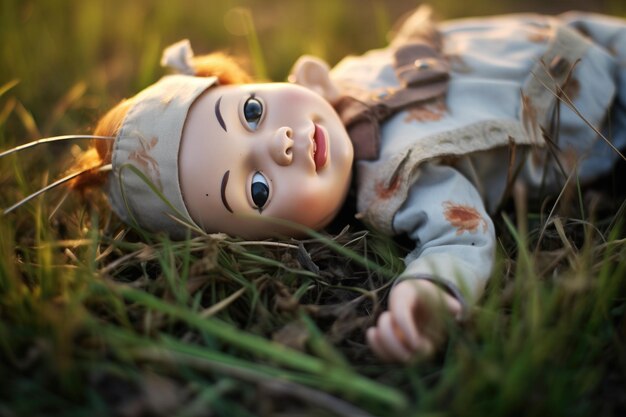 Weathered doll lying in the grass at dusk