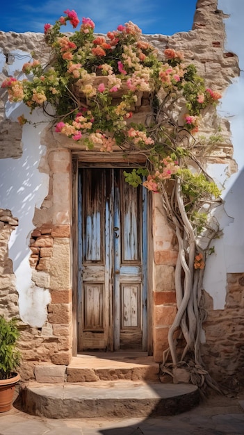 Weathered door with flowers