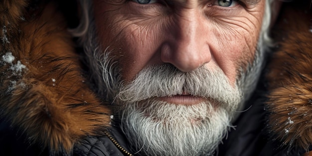 Weathered face of an elderly man in winter attire set against a snowy isolated background AI generative