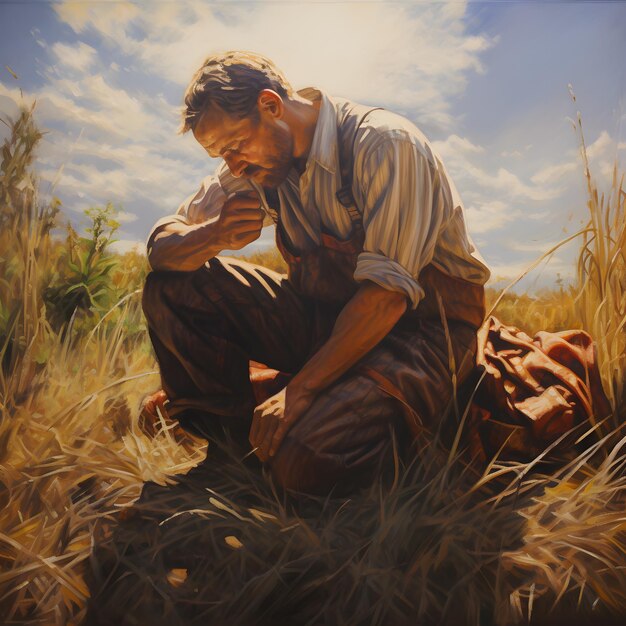 Photo a weathered farmer tending to his sunlit field oil painting