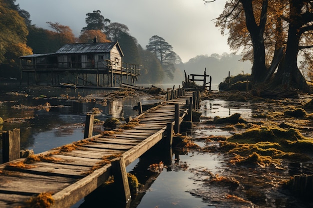 Weathered fishing pier abandoned in the countryside on a tranquil river