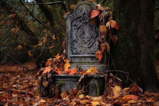 Photo a weathered gravestone surrounded by autumn leaves