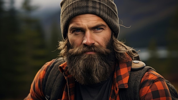 Weathered lumberjack in forest plaid shirt bearded face shown