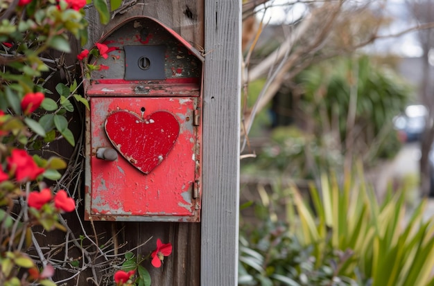 Weathered mailbox with heart motif