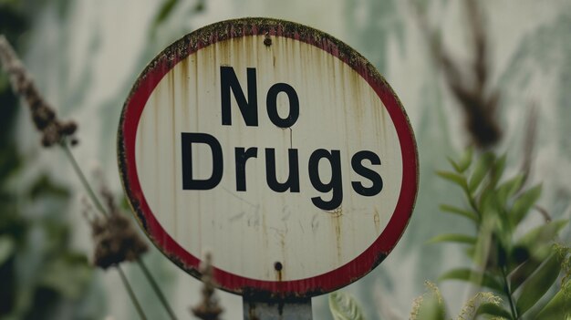 Photo a weathered no drugs sign amidst foliage with a clear prohibition message