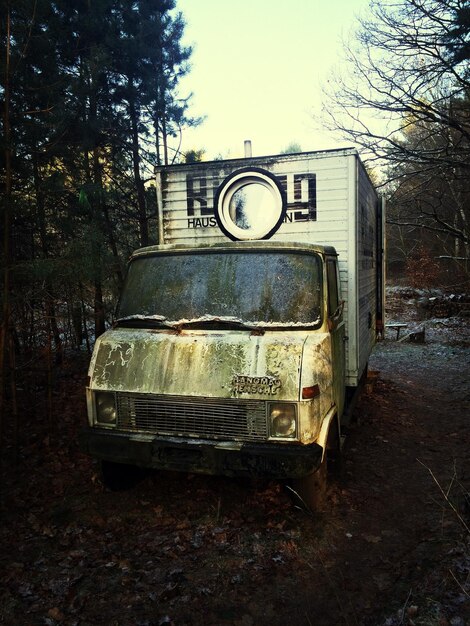 Foto camioncino sottoposto a intemperie in foresta