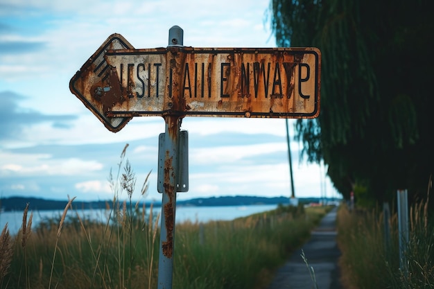 Photo a weathered street sign covered in rust stands on the side of a road showing its age and wear a road sign pointing to investment avenue ai generated