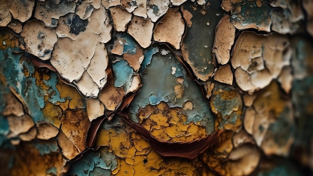 Weathered surface with peeling paint captured in macro to emphasize details Generative AI