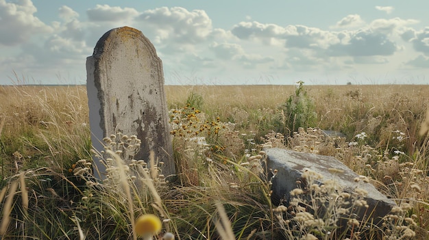 Photo a weathered tombstone stands in a field of tall grass and wildflowers the sky is blue and the sun is shining the scene is peaceful and serene