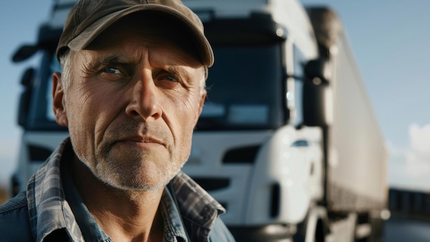 Photo weathered truck driver with a reflective gaze closeup against his vehicle