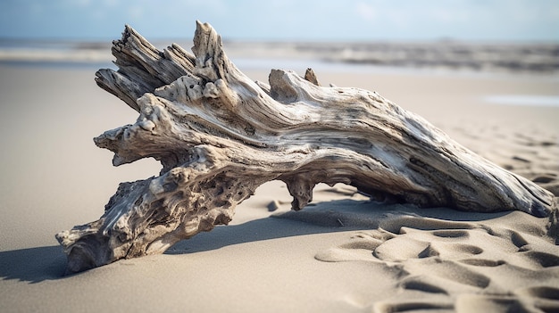 Weathered Trunk on Windy Beach Sand