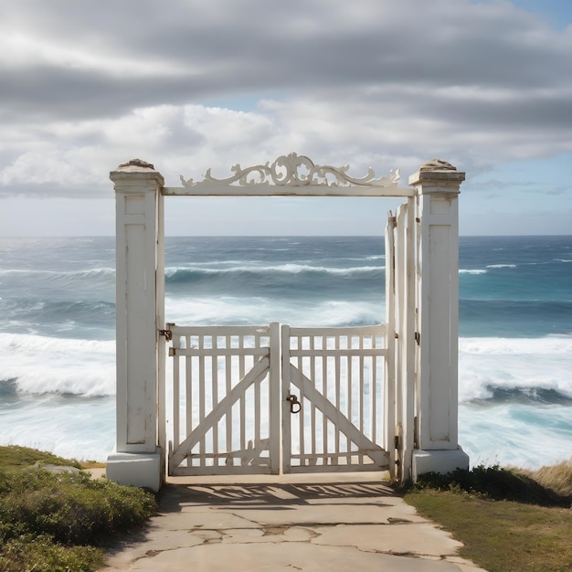 Weathered White Gate Amidst the Vast Ocean