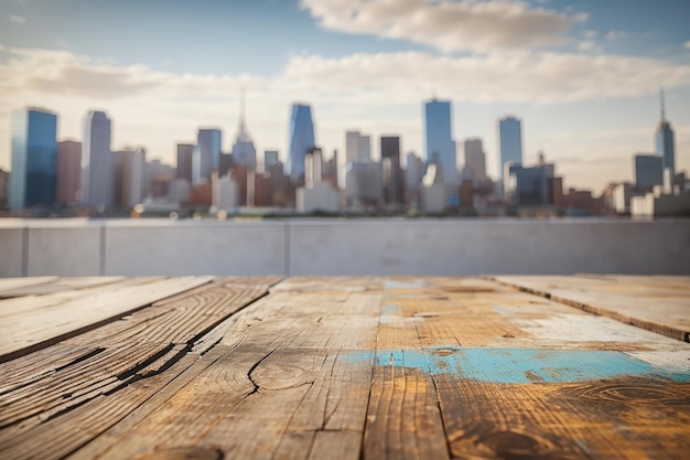 A weathered wooden board with a blurred cityscape as the backdrop