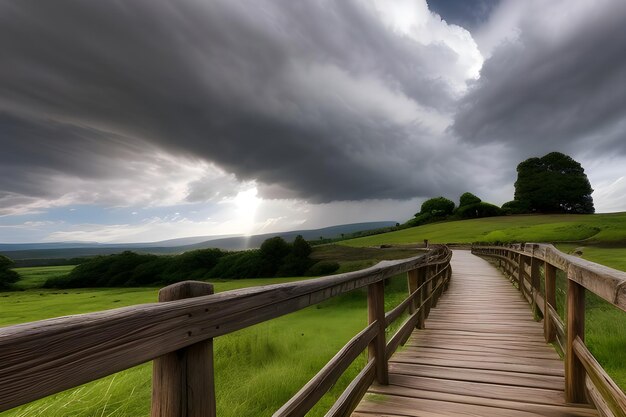 写真 草の丘と劇的な雲の背景に風化した木の橋