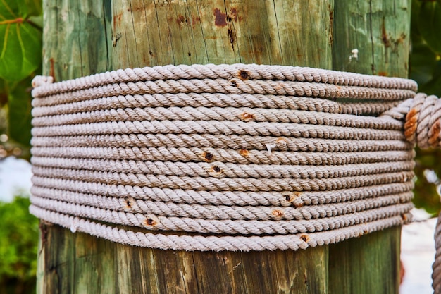 Foto pilota di legno resistente alle intemperie con corda spessa e fogliame verde sullo sfondo