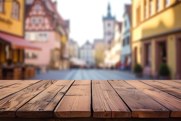 Weathered wooden product display with european old town on background on background