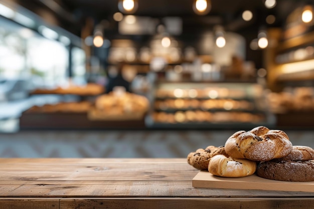 Weathered wooden product table display bakery shop on background