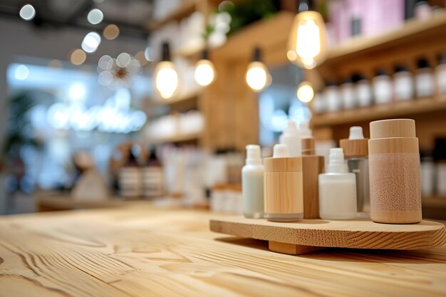 Photo weathered wooden product table display cosmetic shop on background