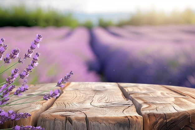 Weathered wooden product table display lavender fields on background