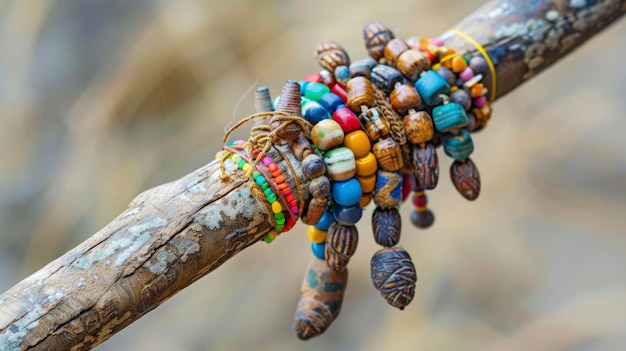 A weathered wooden staff adorned with beads and charms used by traditional healers during healing