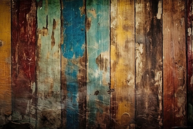 Weathered wooden wall with peeling paint created with Generative AI technology