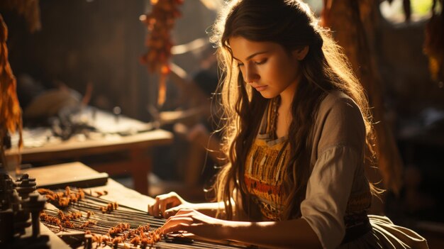 Weaver woman working with a loom in a workshop